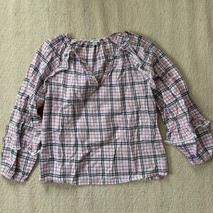 J. Crew Pink, White, & Black Plaid Blouse with Ruffle Details